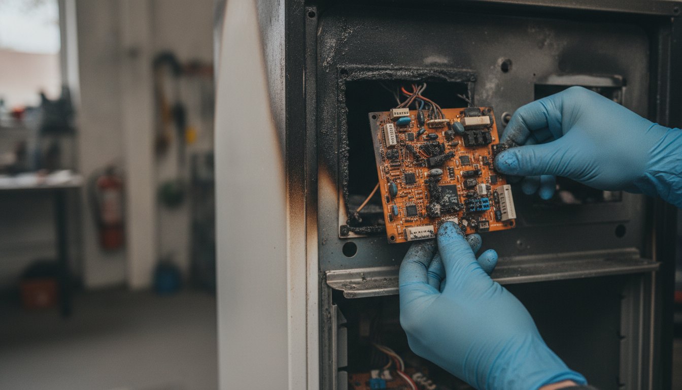 Técnico com luvas examina o circuito elétrico de uma geladeira danificada por incêndio.