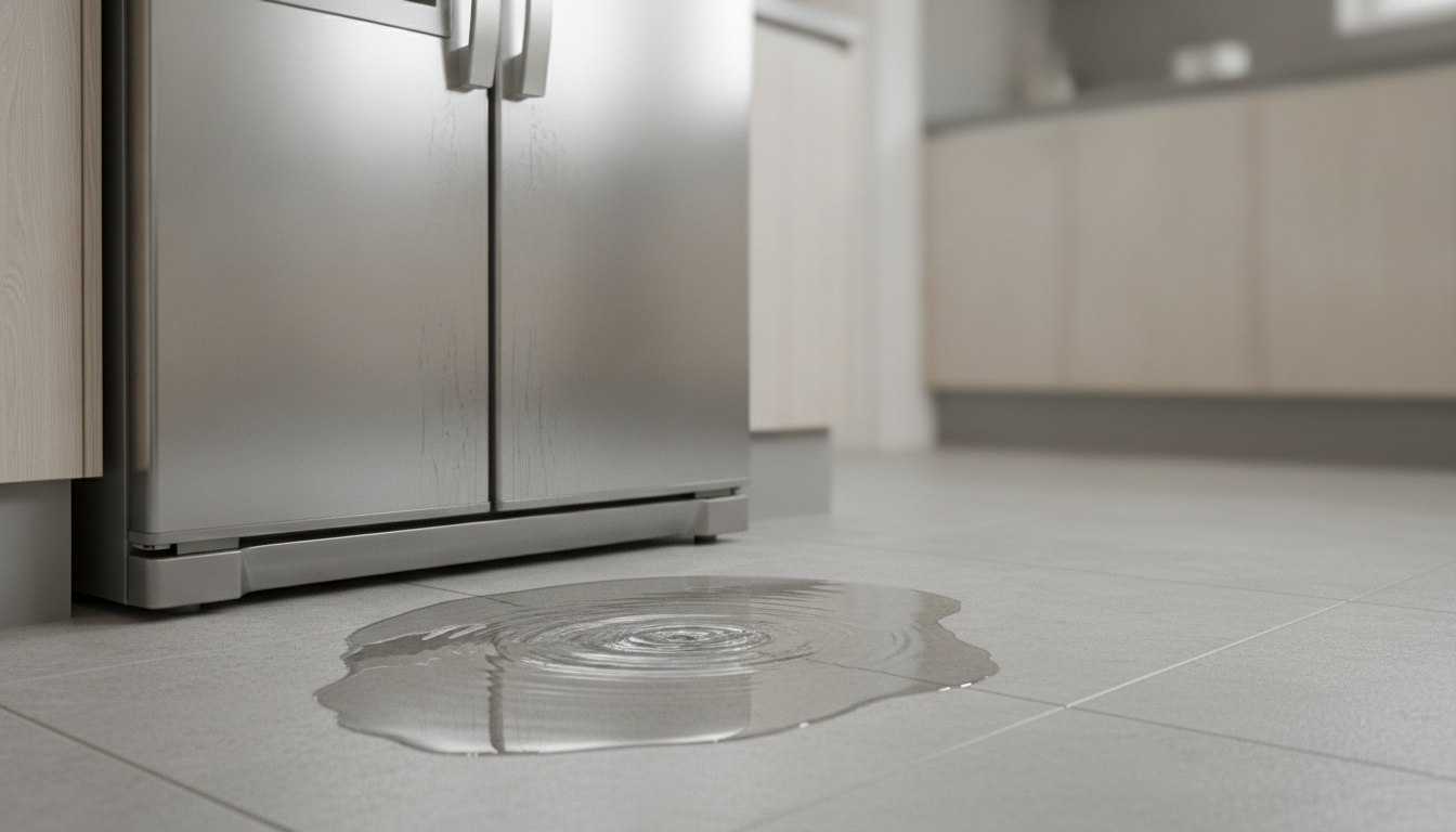 Água empoçada no piso da cozinha logo abaixo da porta de um refrigerador metálico.