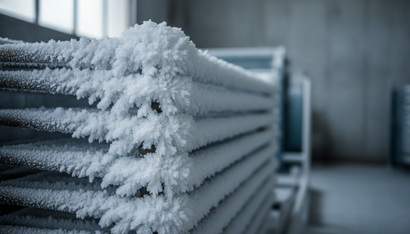 Camada espessa de gelo branco acumulada sobre os tubos metálicos de uma serpentina de refrigeração