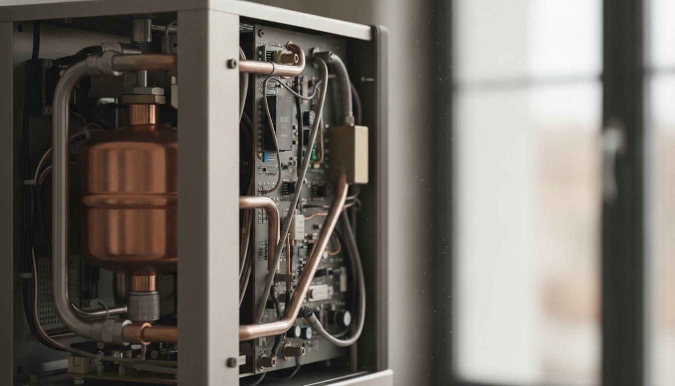 Interior de uma máquina de café com tubos metálicos e componentes eletrônicos expostos.