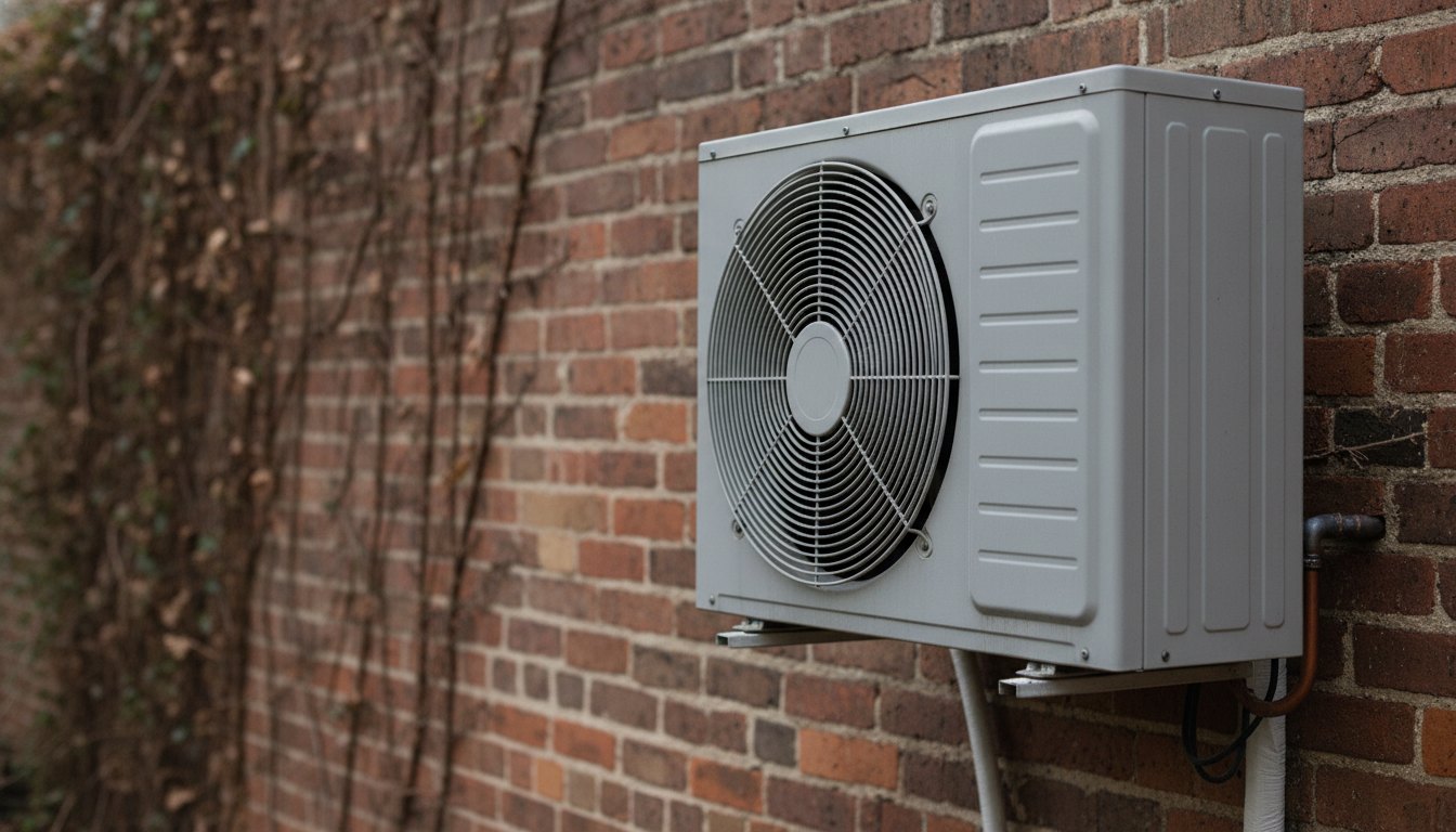 painel externo de aparelho de refrigeração instalado em uma parede de tijolos