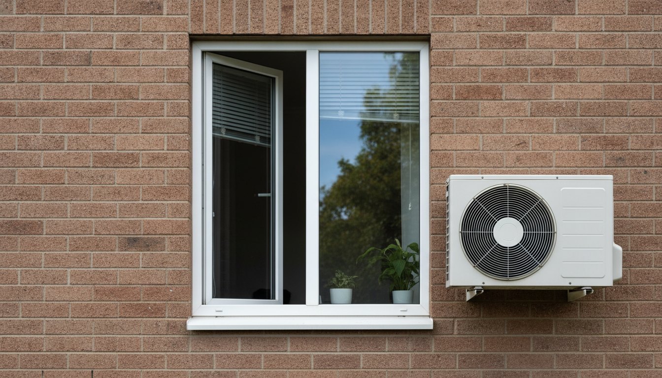 Unidade externa de ar-condicionado instalada em parede de tijolos ao lado de uma janela aberta.