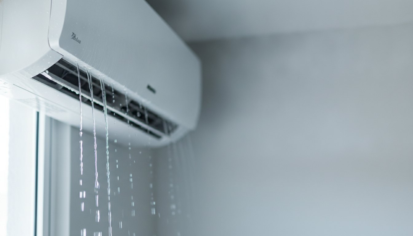 Gotas de água escorrendo pela carenagem plástica branca de um ar-condicionado split instalado na parede.
