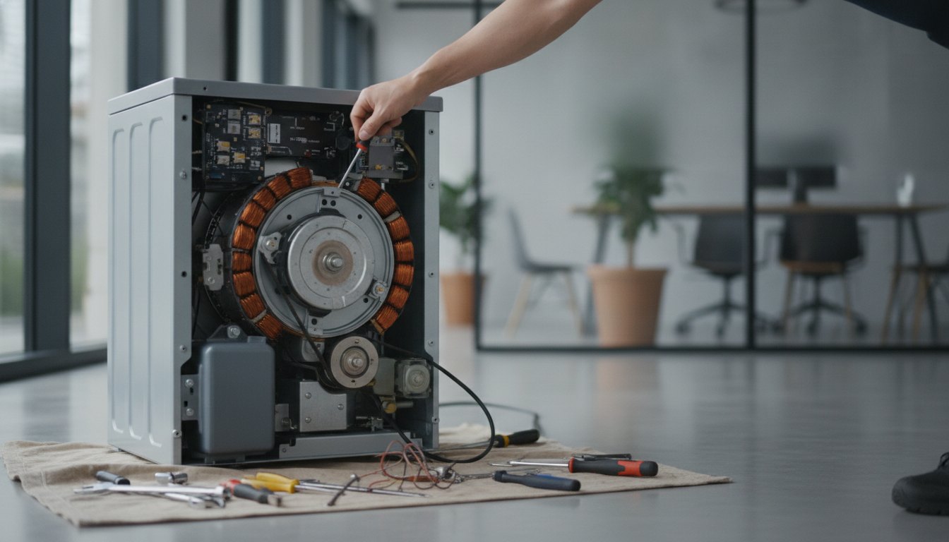 Técnico de manutenção consertando o motor de uma lavadora de roupas com ferramentas no chão.