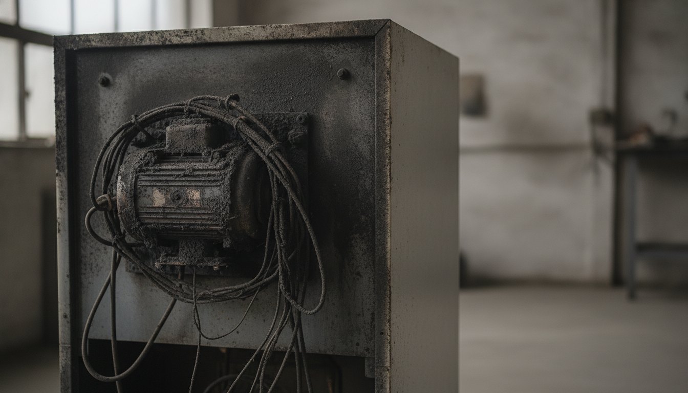 Parte traseira de uma geladeira com foco no motor e fios com marcas escuras de fuligem.