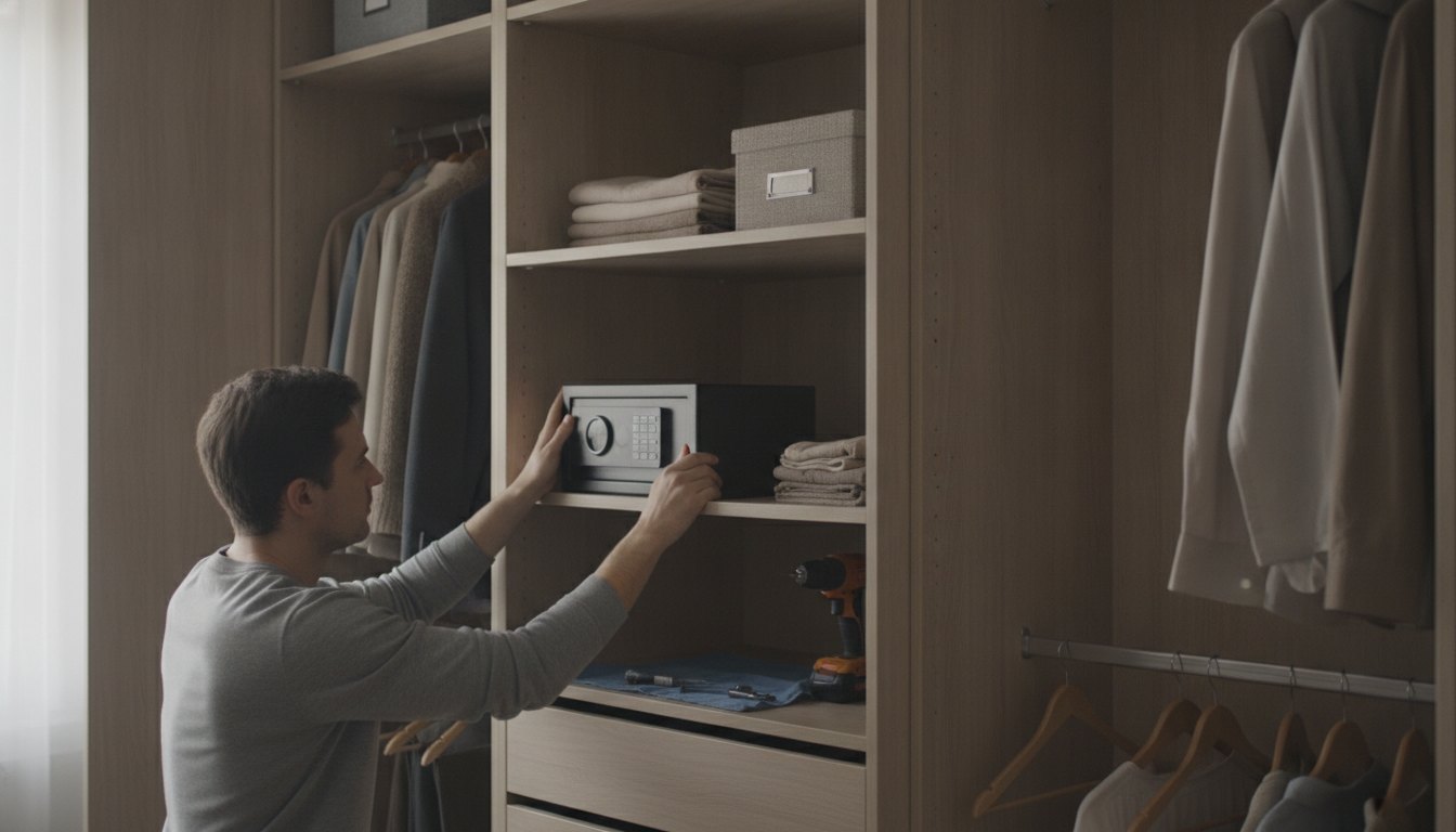 Homem instalando um pequeno cofre eletrônico escuro no interior de um guarda-roupa de madeira clara.