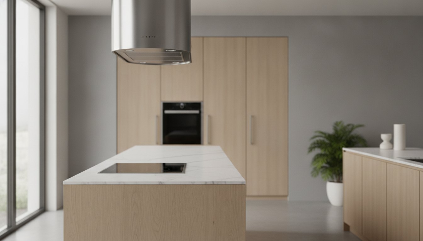 Cozinha moderna com ilha central, fogão cooktop e uma coifa de teto metálica instalada acima.