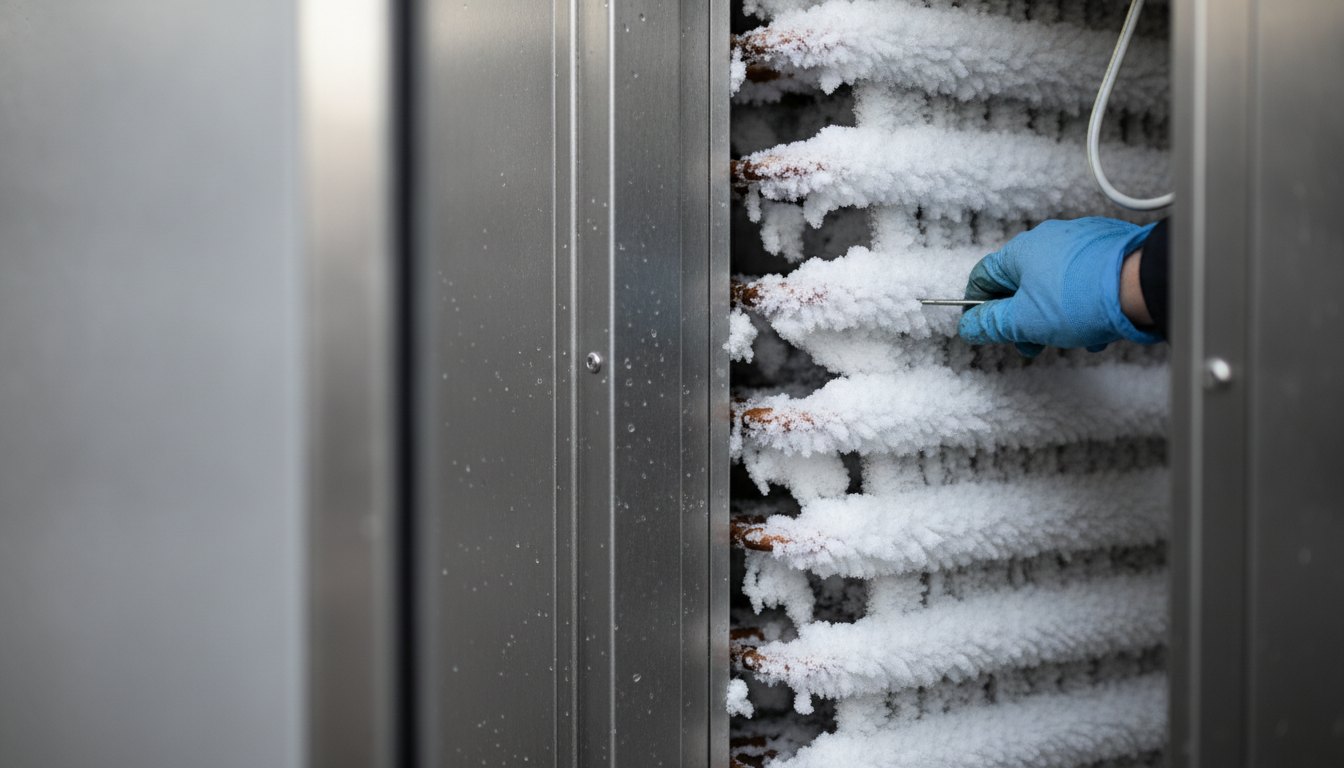 Técnico com luvas inspecionando uma serpentina coberta de gelo no interior de um equipamento de refrigeração.