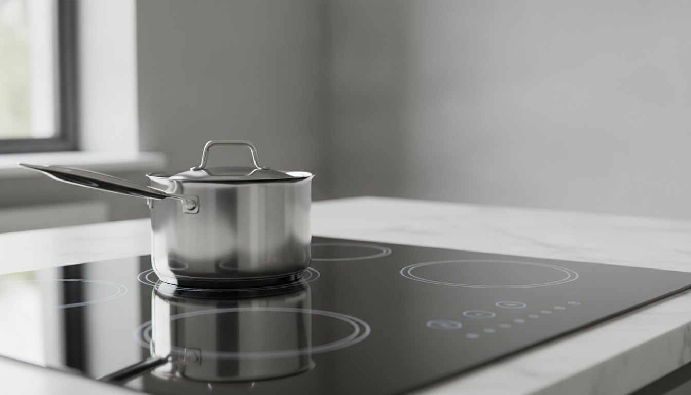 Panela de aço inox sobre uma boca de vidro vitrocerâmico escuro com botões sensíveis ao toque.