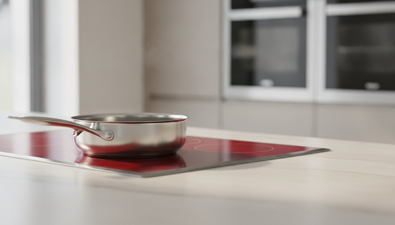 Panela de aço inox sobre a boca de vidro vitrocerâmico vermelho em uma bancada clara.