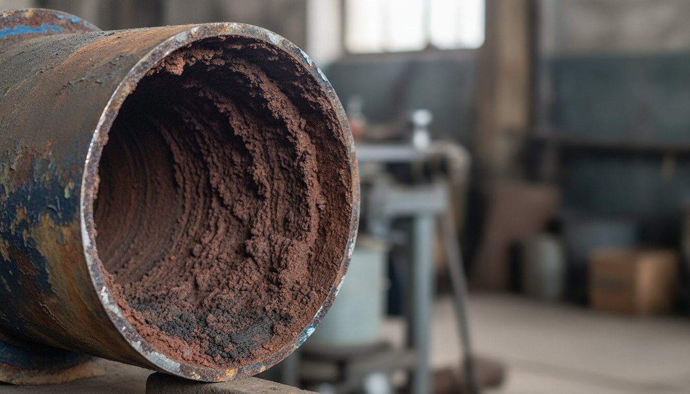 Tubo de metal cortado mostrando acúmulo interno de ferrugem e sedimentos escuros