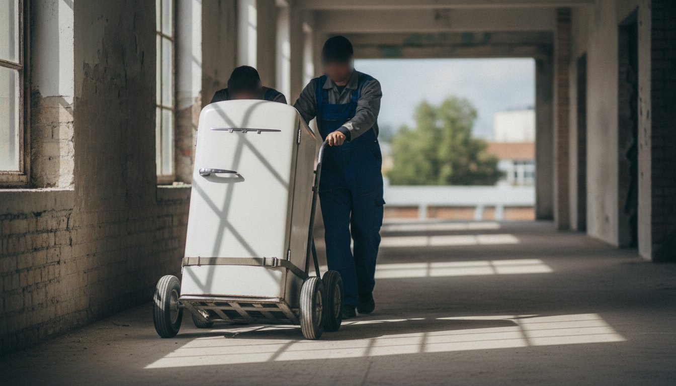 Geladeira antiga sendo transportada por dois profissionais em um carrinho de carga metálico.