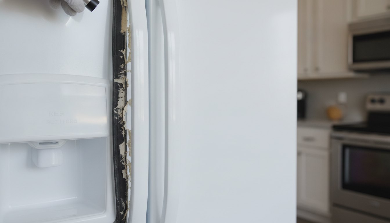 Técnico inspecionando a borracha de vedação desgastada na porta de uma geladeira branca.