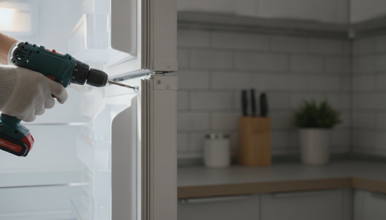 Técnico apertando os parafusos da dobradiça metálica na porta de uma geladeira branca na cozinha.