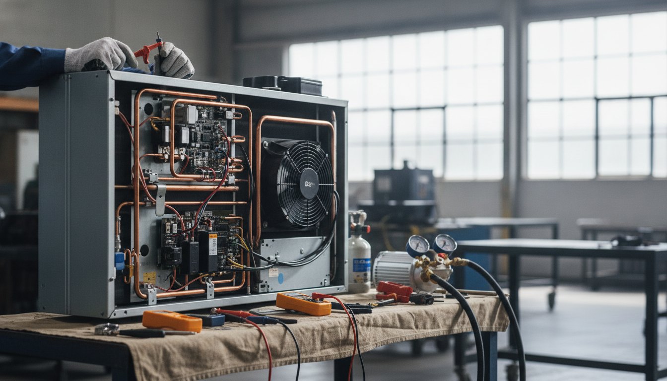 Técnico com luvas e ferramentas inspecionando o painel traseiro de um ar-condicionado desmontado.