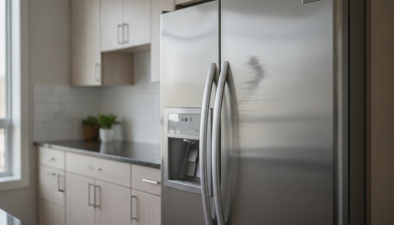 Geladeira de aço inox com a porta amassada e arranhada em uma cozinha