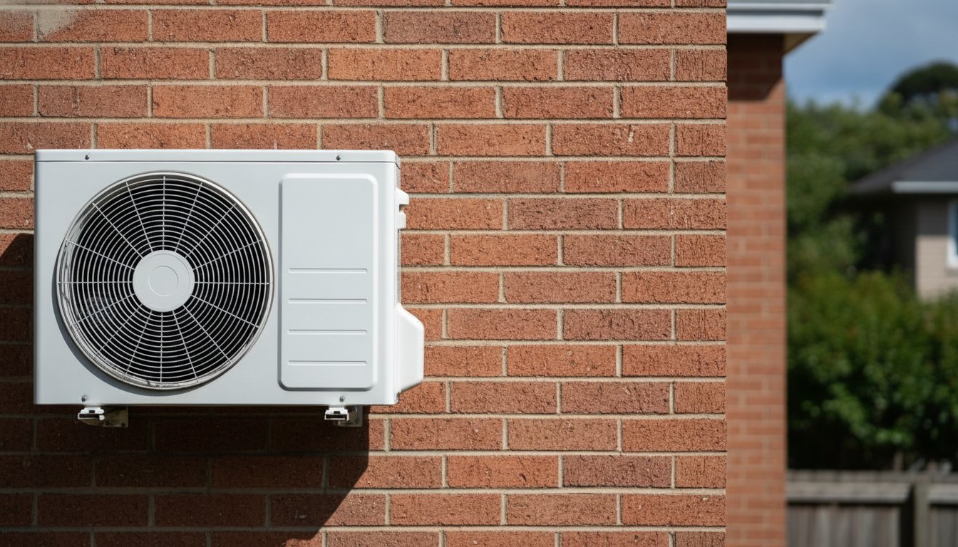 Unidade externa de um ar-condicionado instalada em uma parede de tijolos sob luz solar direta.