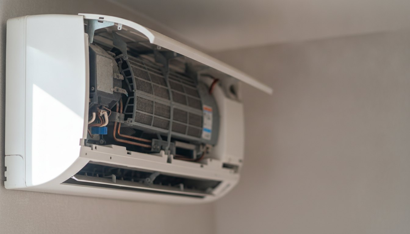 Aparelho de ar-condicionado branco instalado na parede com o painel frontal aberto para manutenção.