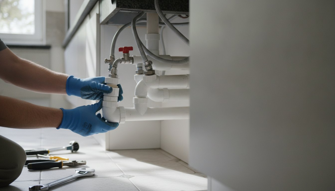 Operário com luvas ajusta conexão de tubo de PVC sob uma bancada de cozinha.