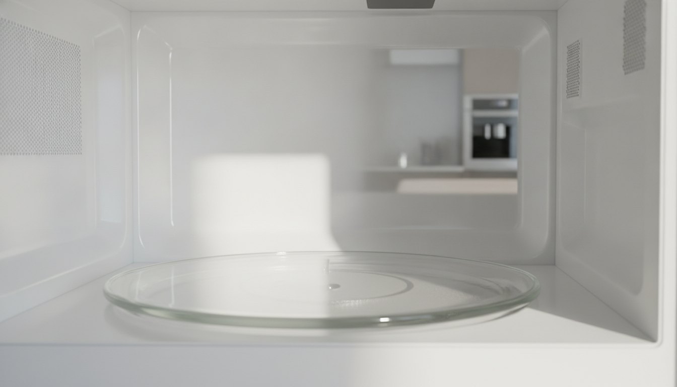 Interior de um forno micro-ondas limpo refletindo a luz, com o prato de vidro posicionado.