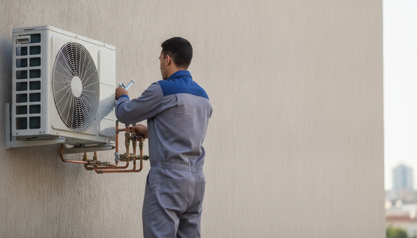 Técnico com uniforme ajustando conexões metálicas na unidade externa de um climatizador fixado na parede.