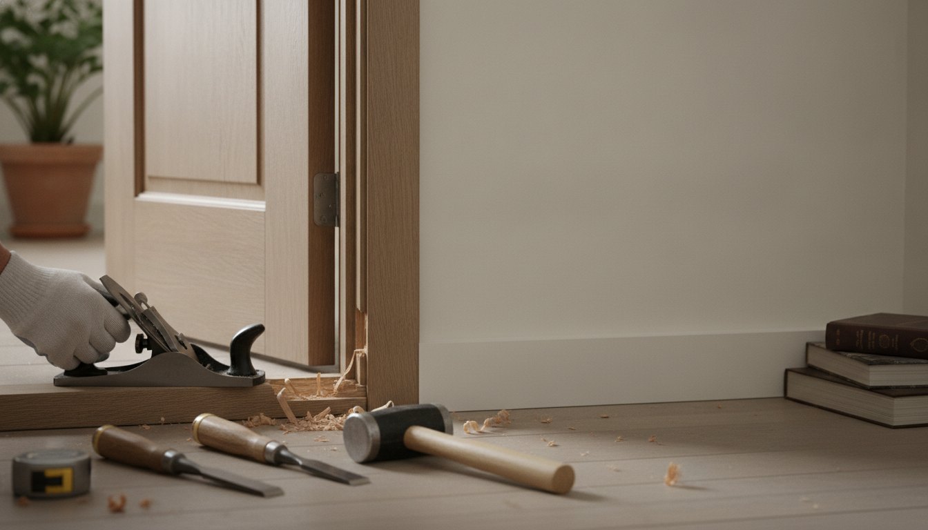 Homem utilizando ferramentas manuais para ajustar o batente de madeira de uma porta residencial.