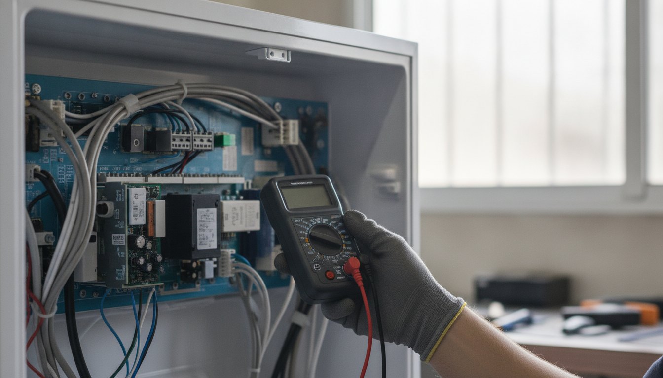 Mão de um técnico segurando um multímetro próximo ao painel elétrico de um eletrodoméstico branco.
