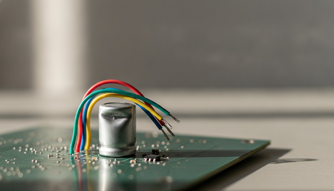 Placa de circuito impresso com um capacitor cilíndrico estufado ao lado de fios coloridos.