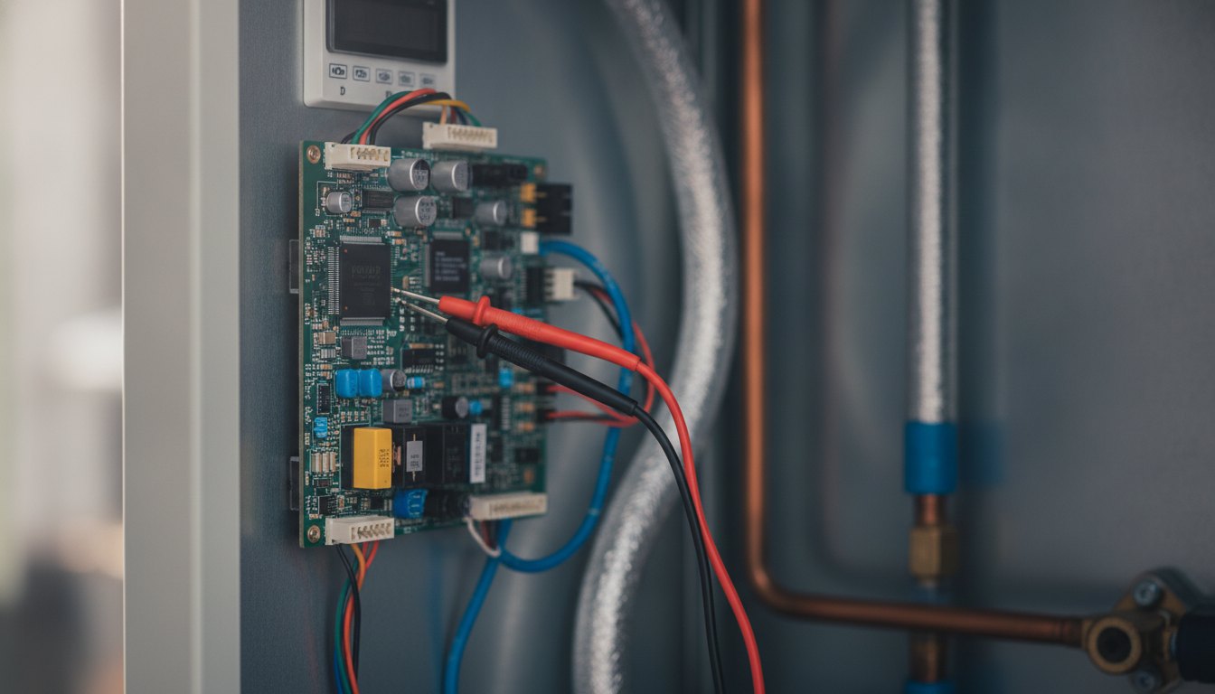 Técnico inspecionando a placa de circuito de um painel digital com o uso de um multímetro.