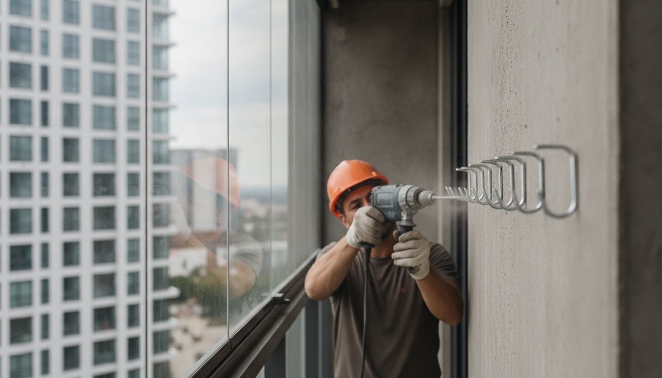 Trabalhador com furadeira instalando ganchos metálicos na parede lateral de uma sacada envidraçada.
