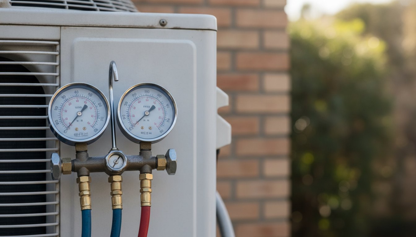 Técnico especializado utilizando um manômetro para medir a pressão do gás em um aparelho de ar-condicionado.