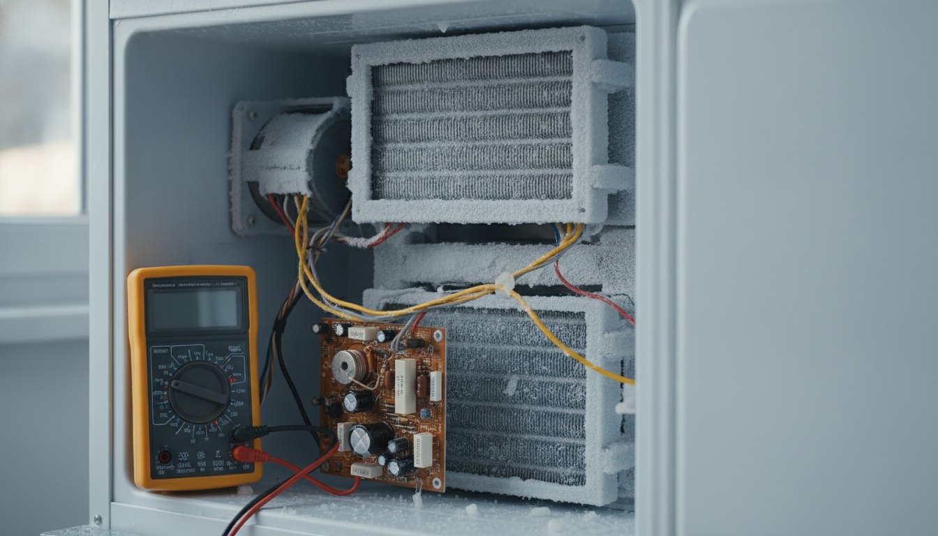 Técnico medindo com multímetro os componentes elétricos no interior de um congelador desmontado com gelo acumulado.