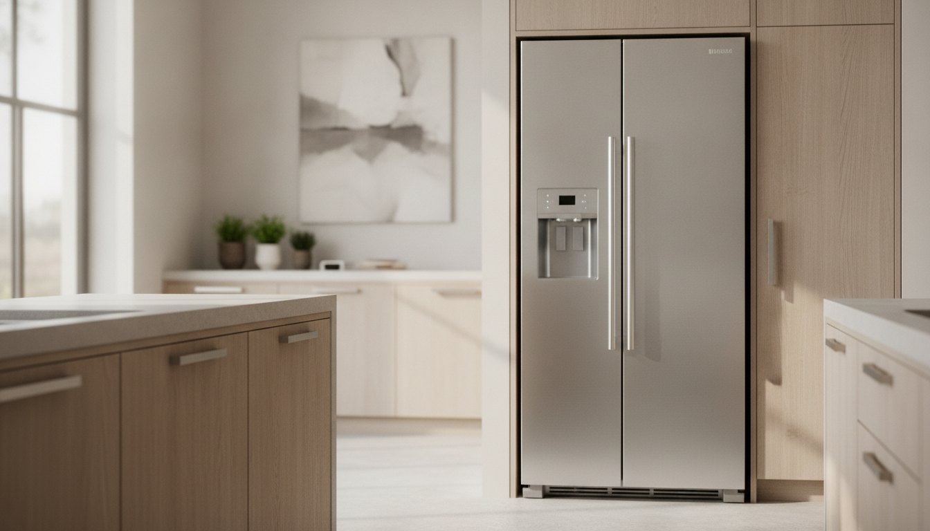 Cozinha iluminada com um refrigerador moderno de aço escovado posicionado ao lado de armários planejados.