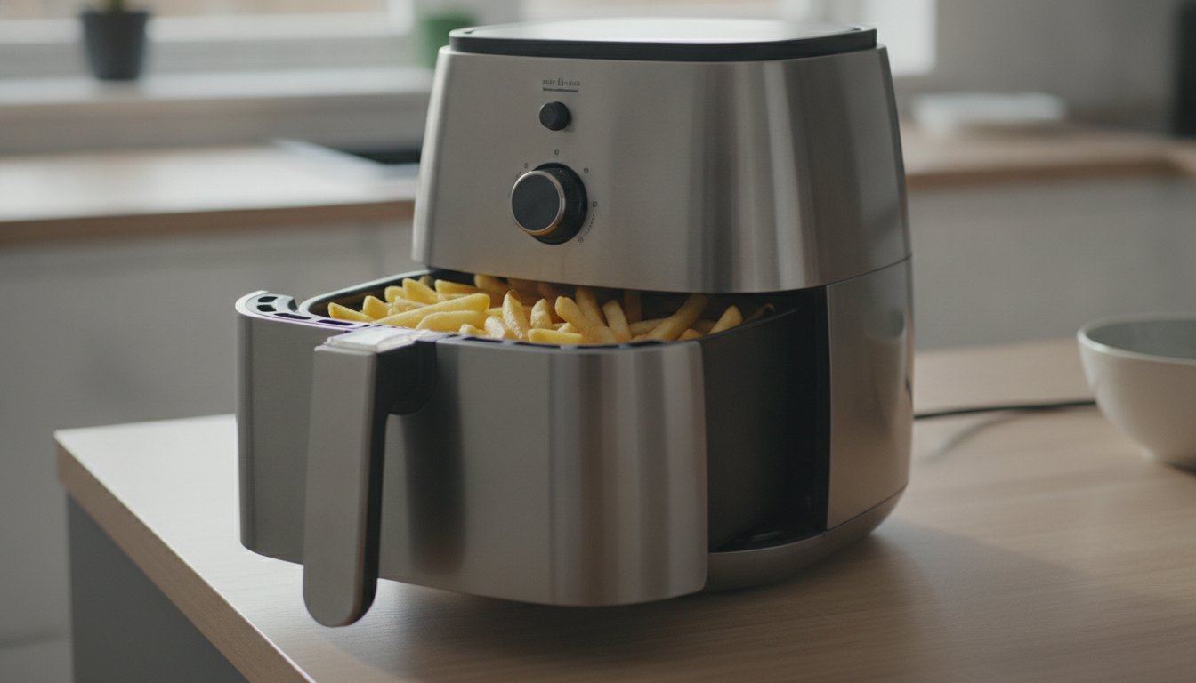 Cesto de fritadeira sem óleo aberto com batatas palito distribuídas uniformemente sobre a grade interna.