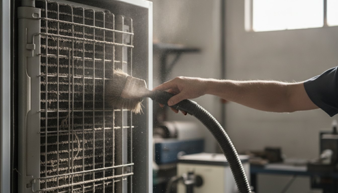 Técnico limpando a grade traseira empoeirada de uma geladeira com uma escova macia e aspirador.
