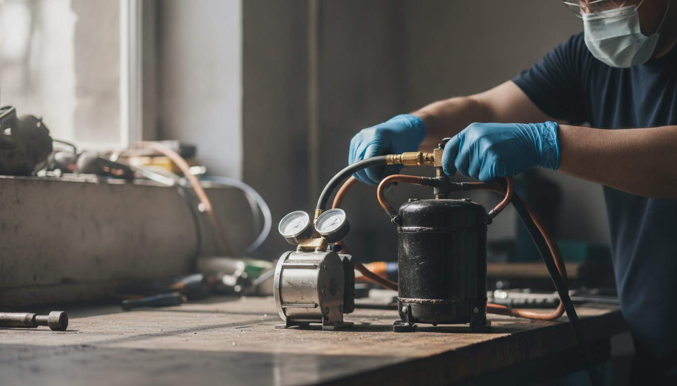 Técnico com luvas e máscara operando uma bomba de vácuo em um compressor de geladeira.