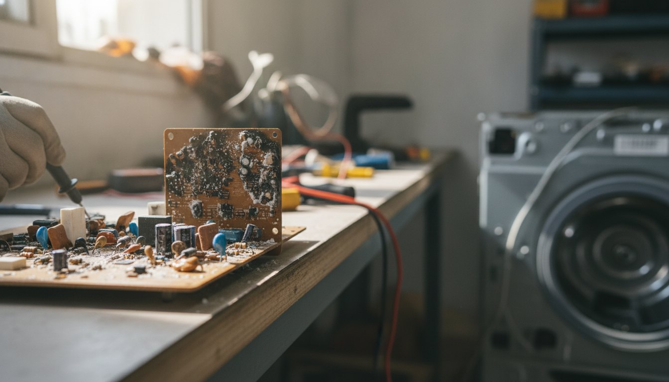 Técnico inspeciona placa eletrônica de máquina de lavar com sinais de curto-circuito e resíduos.