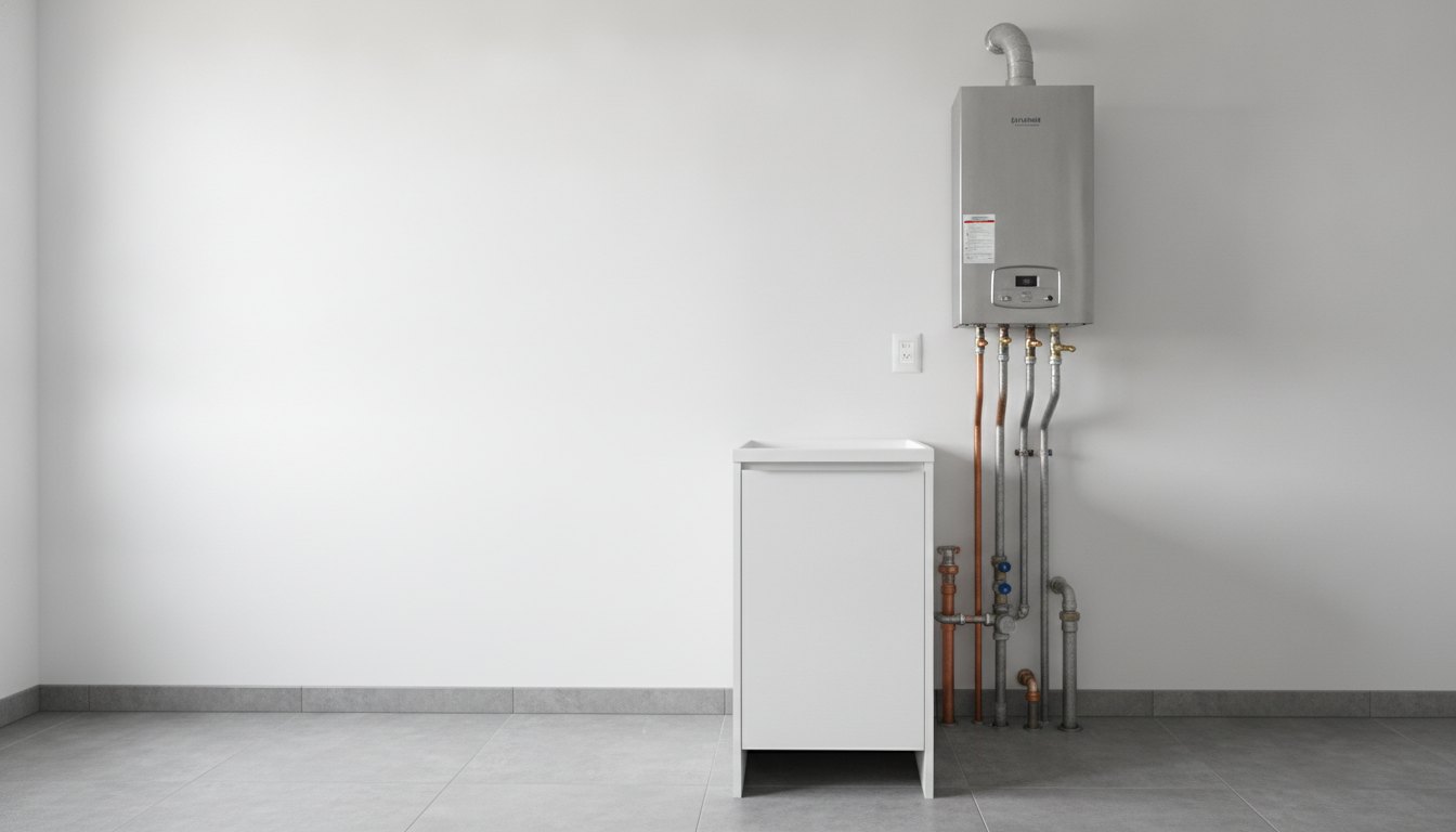 Aquecedor de água a gás metálico instalado na parede branca de uma área de serviço residencial.