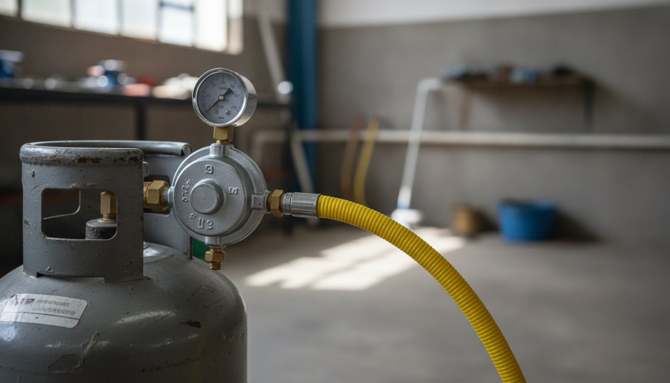 Regulador de pressão metálico conectado a um botijão de cozinha com mangueira amarela de plástico.