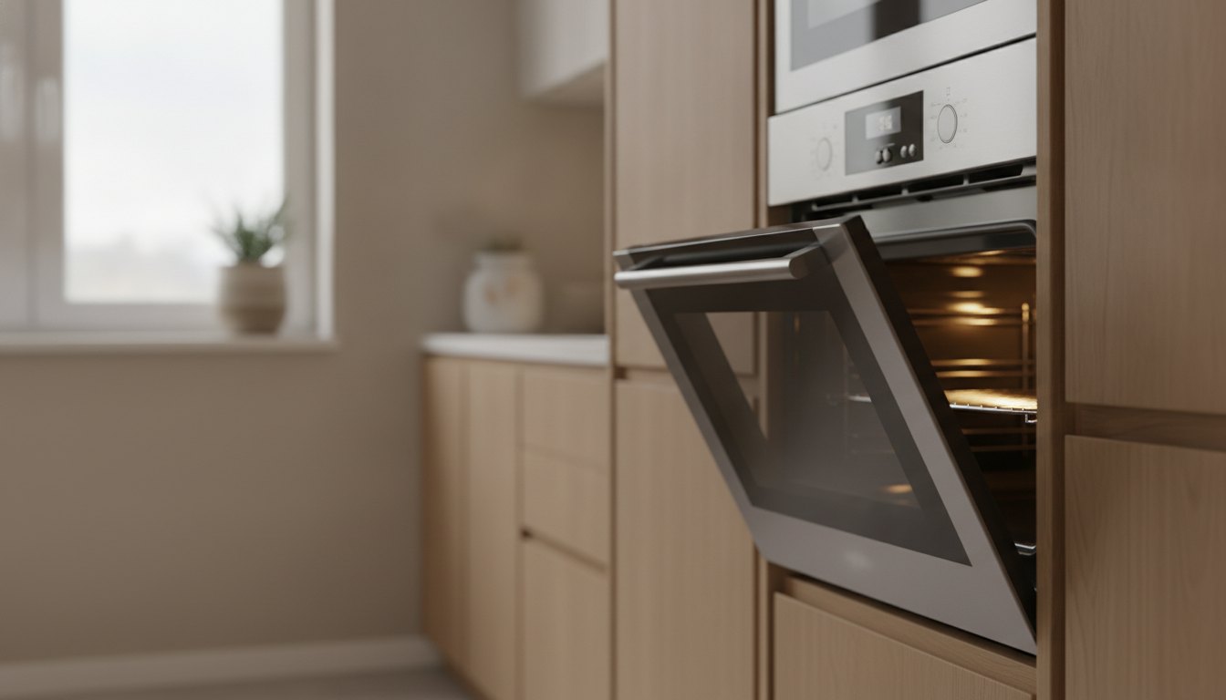 Forno elétrico de embutir parcialmente puxado para fora do nicho de madeira da cozinha.