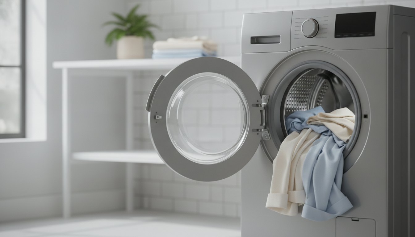 Roupas limpas sendo retiradas do cesto de aço inox de uma lavadora com porta frontal.