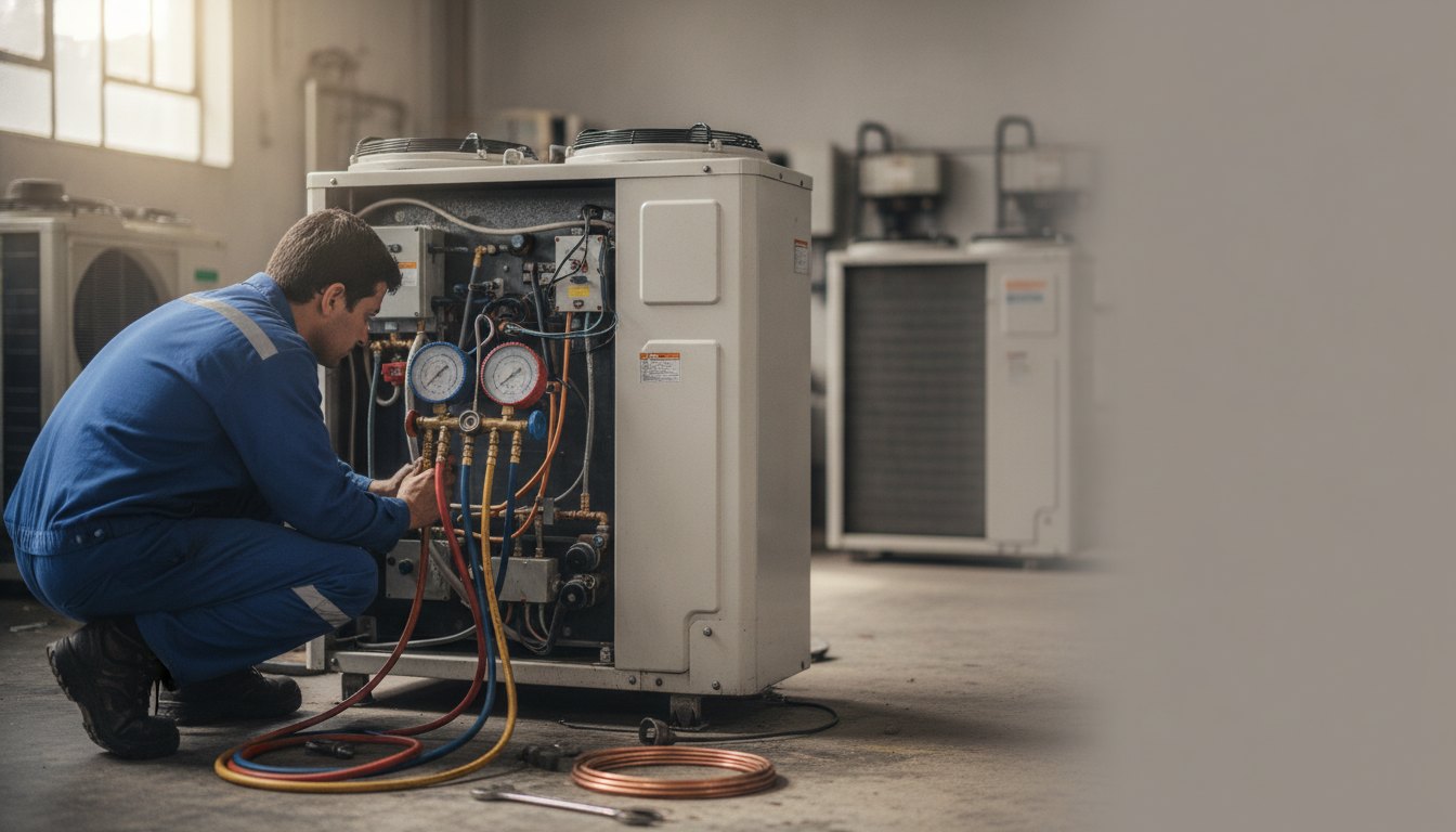 Técnico de refrigeração utiliza manômetro e mangueiras para medir a pressão do gás no compressor.