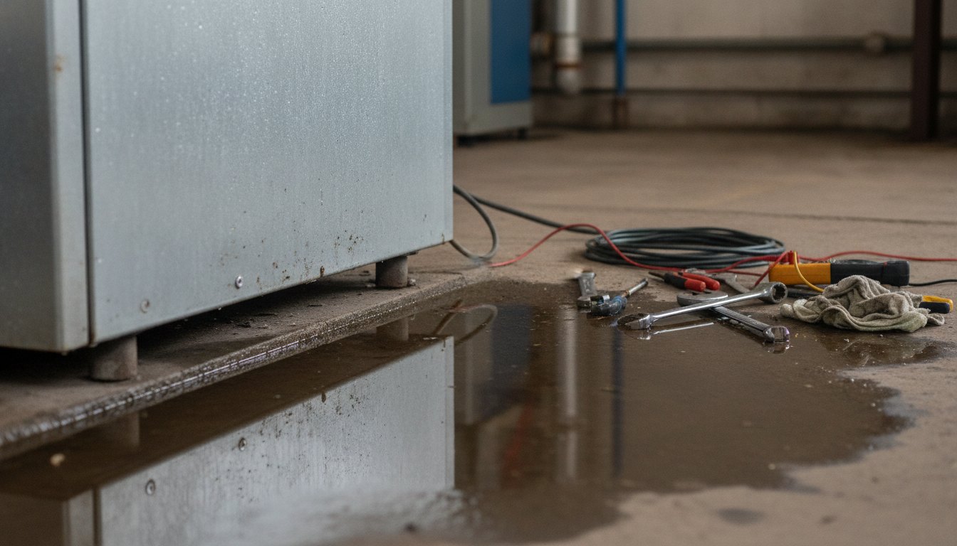 Água acumulada na base de um equipamento de refrigeração com ferramentas de manutenção próximas.