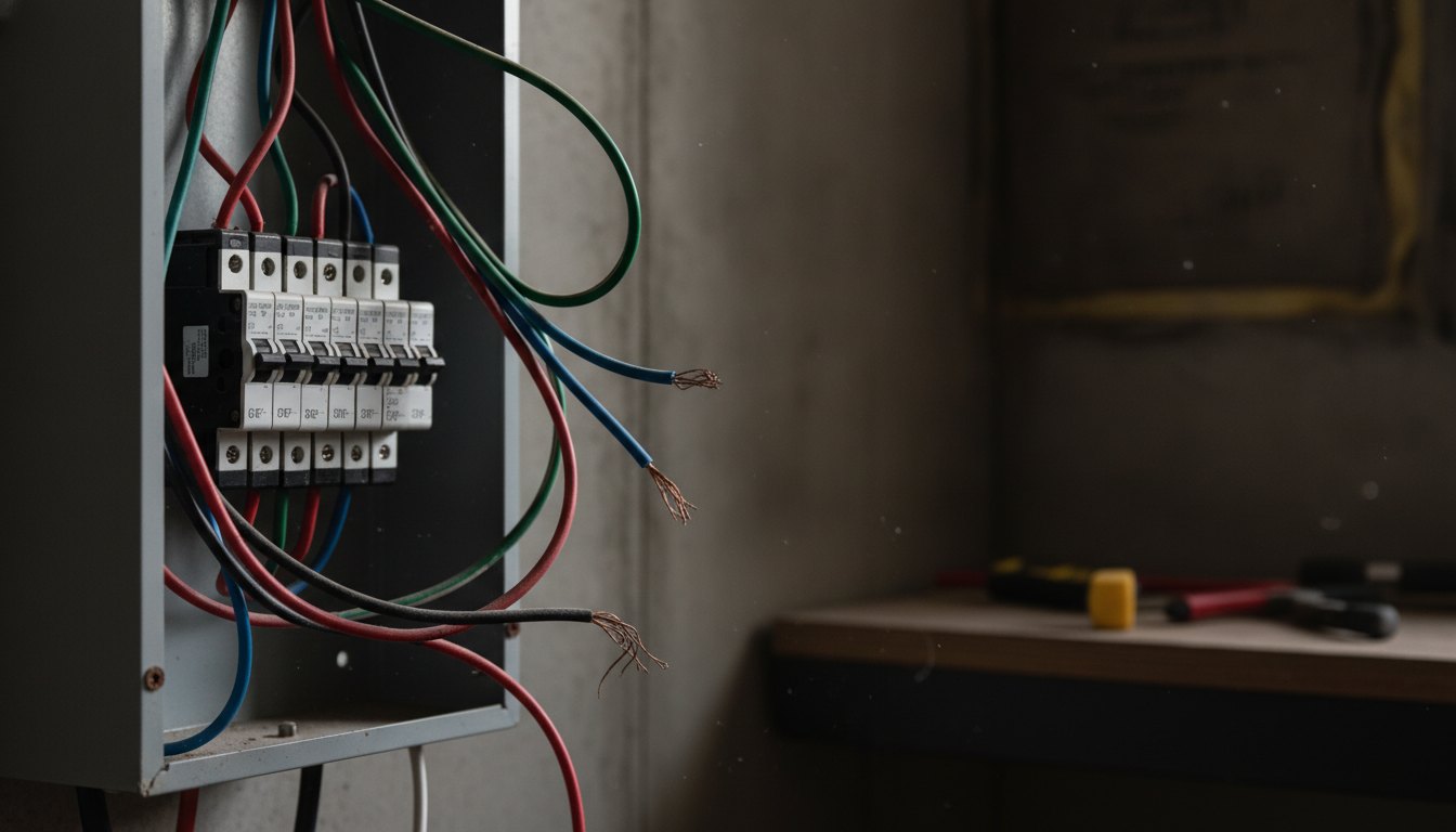 Painel elétrico residencial aberto com disjuntores desarmados e fios expostos em um ambiente escuro.