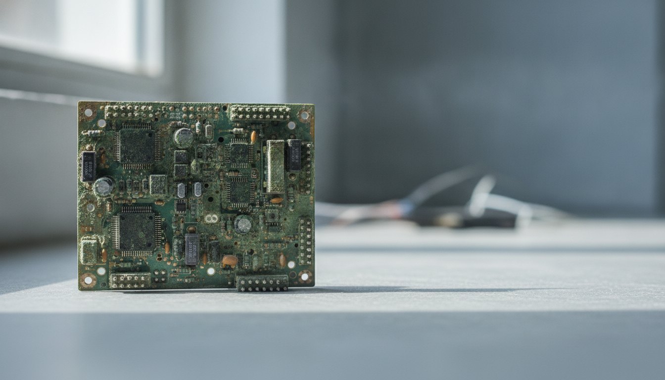 Placa de circuito impresso com manchas esverdeadas de oxidação sobre os contatos e componentes metálicos.