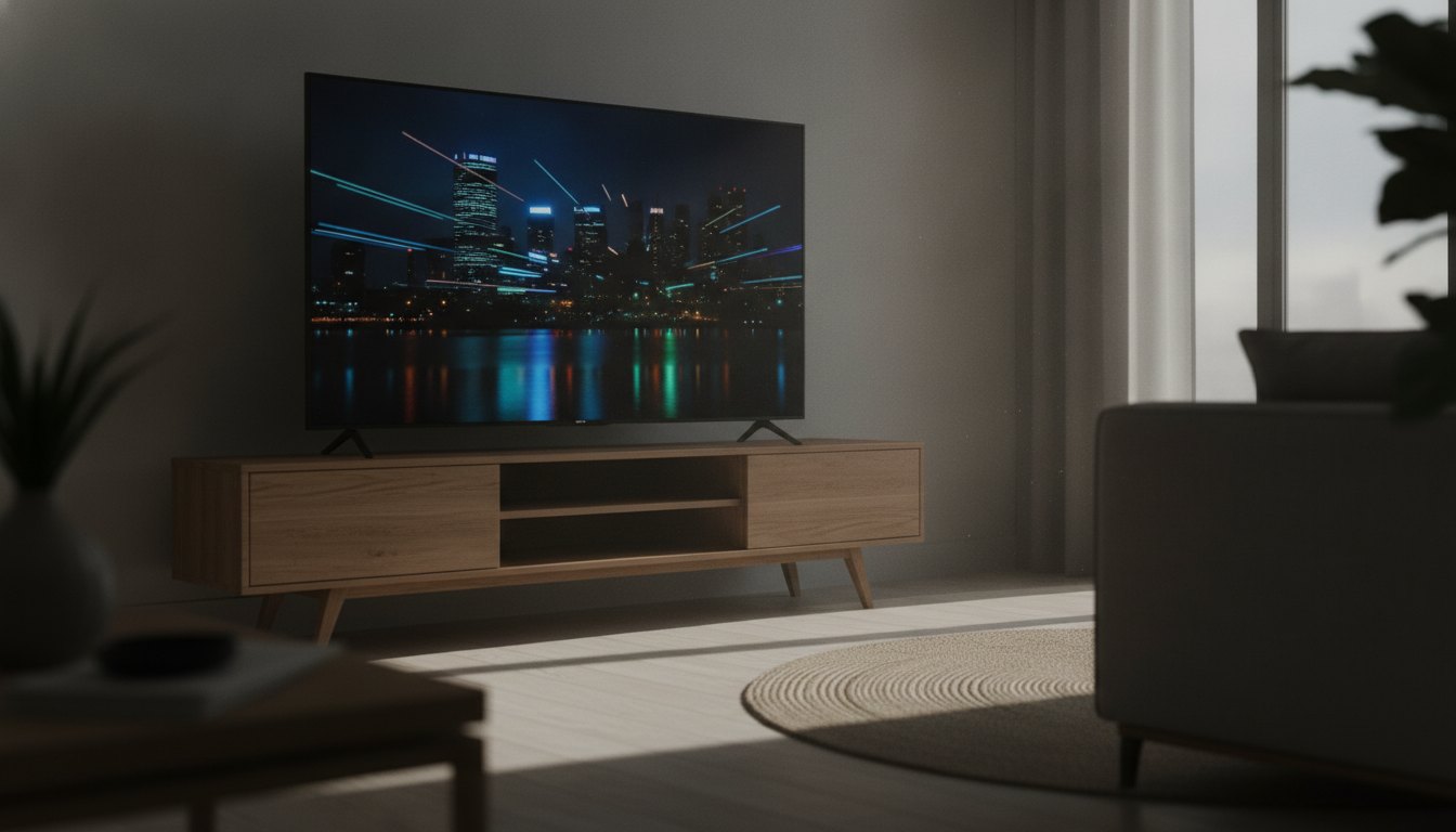 Televisão exibindo cena noturna colorida sobre um rack de madeira em uma sala escura.