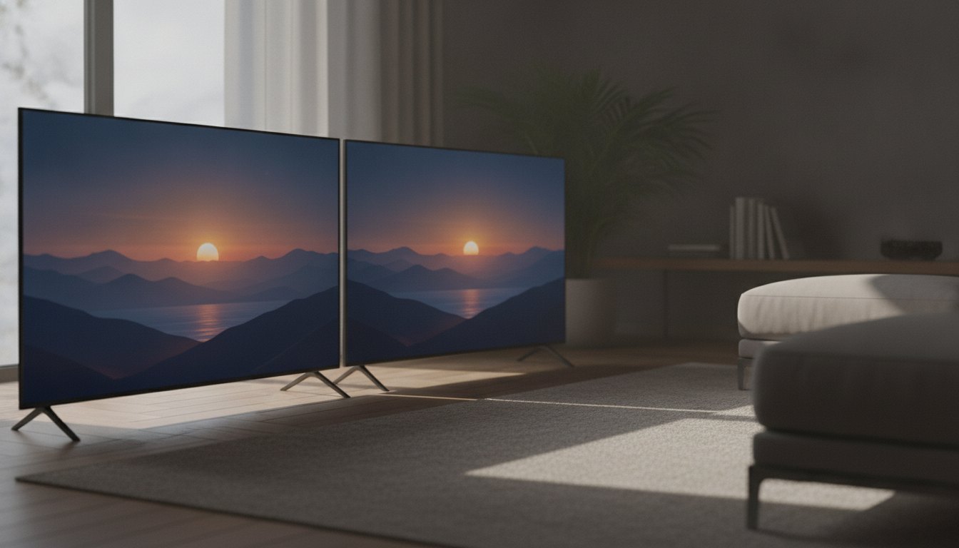 Duas televisões ligadas lado a lado em uma sala de estar escura exibindo a mesma imagem.