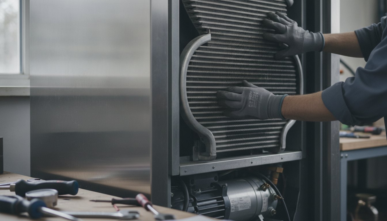 Técnico com luvas inspecionando a serpentina metálica na parte traseira de um equipamento de refrigeração.