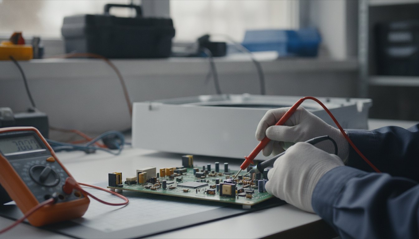 Técnico utilizando um multímetro para testar a placa eletrônica de uma máquina de lavar.
