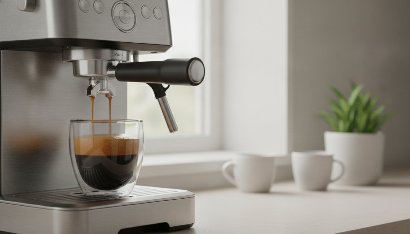 Máquina de café doméstica extraindo bebida escura com espuma espessa em uma xícara de vidro.